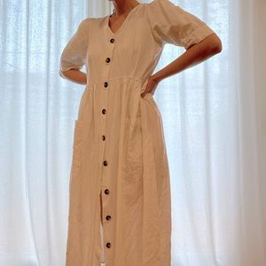 White linen button up puff sleeve midi oak and fort dress
